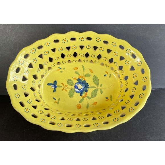 Vintage Hand Painted Lattice Ceramic Basket 10" Yellow Signed France RARE - Picture 4 of 9